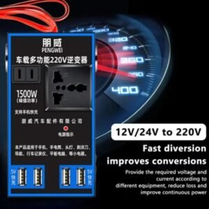 Onduleur de Voiture Puissant 1500W – Convertisseur 12V/24V vers 220V avec 4 Ports USB