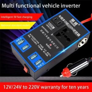 Onduleur de Voiture Puissant 1500W – Convertisseur 12V/24V vers 220V avec 4 Ports USB